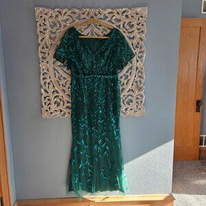 Ever Pretty Green Sequin Formal Maxi Prom Dress Short Flutter Sleeve XXL